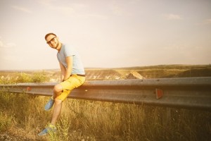 Handsome man outdoors portrait with a retro vintage instagram fi