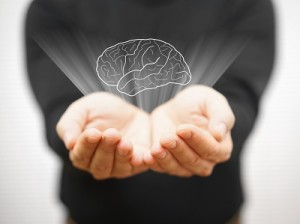 Man holding his addicted virtual brain 