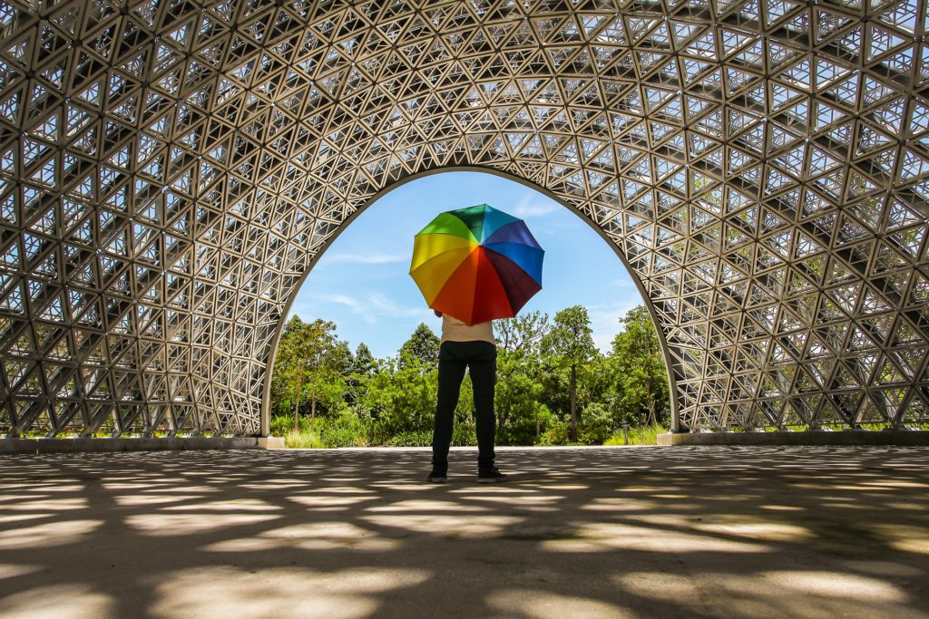 Person with rainbow umbrella