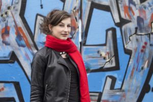 Woman in red scarf