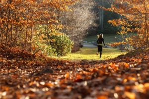 Woman Athlete Jogging Running on Trail in Woods